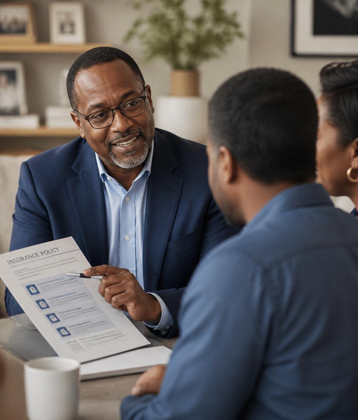 John Blocker explaining an insurance policy to a couple